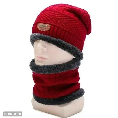 DAVIDSON 2 Pcs - Cap and Scarf - Imported Soft Warm Snow and Air Proof Fleece Knitted Cap (Inside Fur) Woolen Beanie Winter Cap with Scarf for Women Girl Ladies (C1)