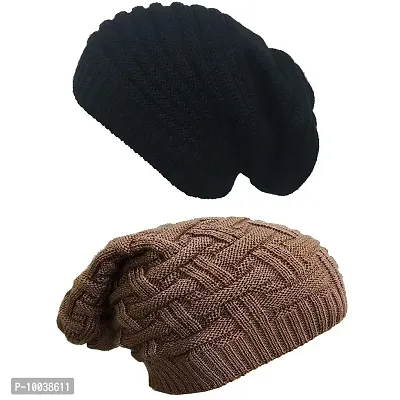 DAVIDSON Set of 2 Winter Woolen Beanie Cap with Indise Fur for Men Women Boys and Girls (C3)