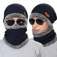 Davidson Men's Woolen Cap with Neck Muffler/Neckwarmer Set of 2 Free Size for Men Women (Black)-thumb3