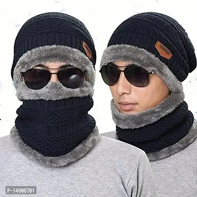 Davidson Men's Woolen Cap with Neck Muffler/Neckwarmer Set of 2 Free Size for Men Women (Black)-thumb4
