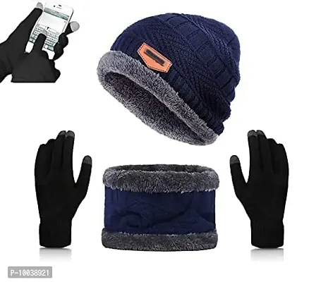 Latest Stylish Winter Woolen Beanie Cap Scarf (Fur Inside) and Touchscreen Gloves Set for Men and Women Stretch Warm Winter Cap (Blue)