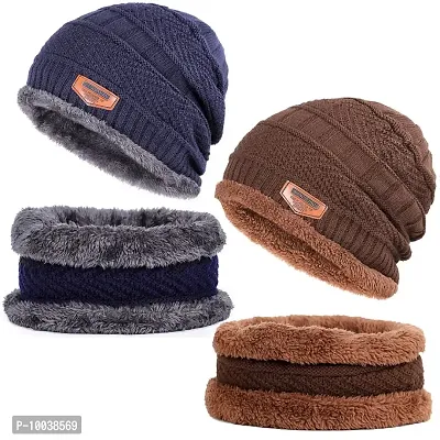 DAVIDSON Winter Woolen Cap with Neck Scarf for Men and Women/Winter Caps for Men/Woolen Cap (C3)-thumb0