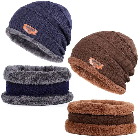 DAVIDSON Winter Woolen Cap with Neck Scarf for Men and Women/Winter Caps for Men/Woolen Cap