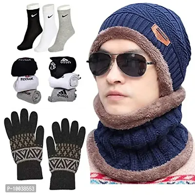 DAVIDSON Winter Knit Beanie Cap Hat Neck Warmer Scarf and Woolen Gloves Set and 3 Pair Socks Skull Cap for Men Women/Winter Cap for Men (Blue)-thumb0