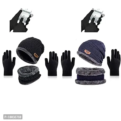 DAVIDSON Winter Knit Beanie Cap Hat Neck Warmer Scarf and Woolen Gloves Set for Men  Women (3 Piece) (C11)