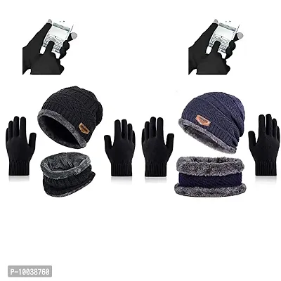 DAVIDSON Winter Knit Beanie Cap Hat Neck Warmer Scarf and Woolen Gloves Set for Men  Women (3 Piece) (C11)-thumb0