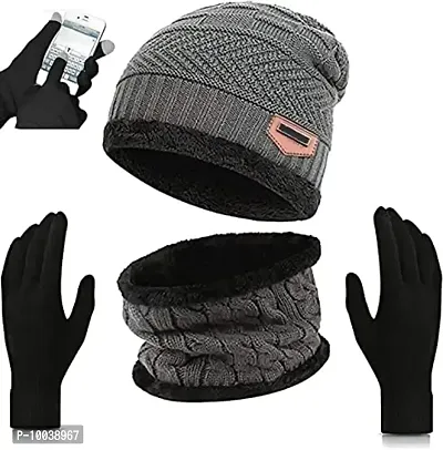 Winter Woolen Cap, Neck Warmer Scarf with Tuch Gloves Set| Beanie Style| 3 Piece Set| Warm Winter Neck Scarf, Tuch Gloves and caps Suitable for Men and Women|Stylish (Grey)