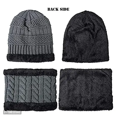 Siberian Clothing Winter Woolen Cap, Neck Warmer Scarf with Tuch Gloves Set| Beanie Style| 3 Piece Set| Warm Winter Neck Scarf, Tuch Gloves and caps Suitable for Men and Women|Stylish (Grey)-thumb2