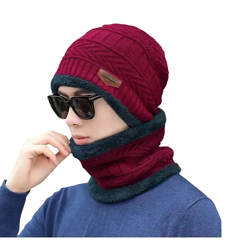 Davidson Men's Woolen Cap with Neck Muffler/Neckwarmer Set of 2 Free Size for Men Women for snow winters and Cold Places (Red)