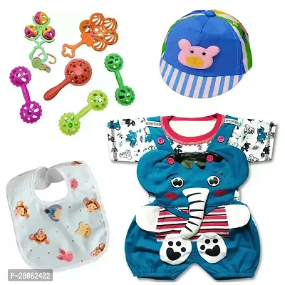 Dungaree Dress with Cap, 5 Rattle Baby Bibs