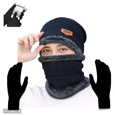 Davidson Winter Cap, Neck Scarf/Neck Warmer with Hand Gloves Touch Screen for Men  Women, Warm Neck and Cap with touch screen glove (Option-3)