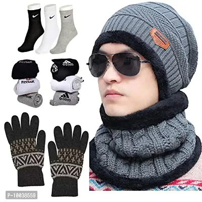 Davidson Unisex Winter Warmer Knit Beanie Cap, Neck Scarf and Woollen Gloves Set with 3 Pair Socks (Grey, Free Size)