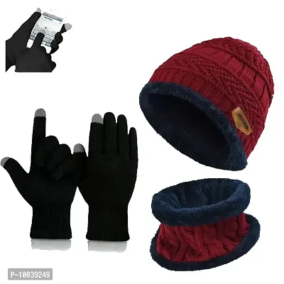 Davidson Wool Winter Cap, Neck Scarf/Neck Warmer with Hand Gloves Touch Screen for Men  Women, Warm Neck and Cap with touch screen glove (Red)-thumb0