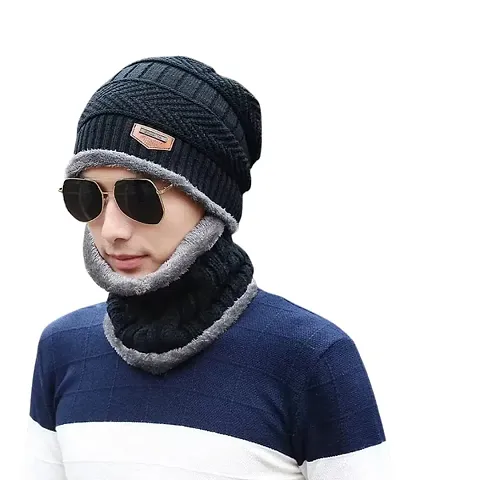 Davidson Men's Woolen Cap with Neck Muffler/Neckwarmer Set of 2 Free Size for Men Women for snow winters and Cold Places