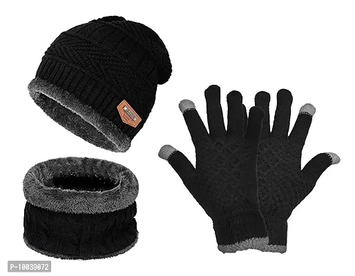 Siberian Clothing Winter Woolen Cap, Neck Warmer Scarf with Tuch Gloves Set| Beanie Style| 3 Piece Set| Warm Winter Neck Scarf, Tuch Gloves and caps Suitable for Men and Women|Stylish (Black)