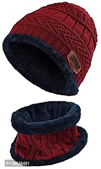 DAVIDSON 2-Pieces Winter Beanie Hat Scarf Set Warm Knit Hat Thick Fleece Lined Winter Hat & Scarf for Men Women (Maroon)