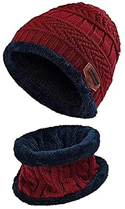 DAVIDSON 2-Pieces Winter Beanie Hat Scarf Set Warm Knit Hat Thick Fleece Lined Winter Hat & Scarf for Men Women (Maroon)