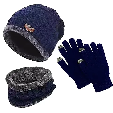 Classy Solid Beanie Cap with Neck Warmer for Unisex with Gloves