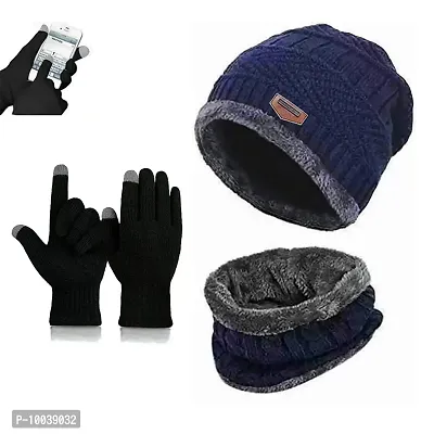 Winter Woolen Cap, Neck Warmer Scarf with Tuch Gloves Set| Beanie Style| 3 Piece Set| Warm Winter Neck Scarf, Tuch Gloves and caps Suitable for Men and Women|Stylish (Blue)