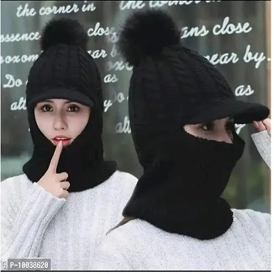Winter Soft Warm 1 Set Snow Proof Ball Cap (Inside Fur) Woolen Beanie Cap With Scarf for Women Girl Ladies- (Black)