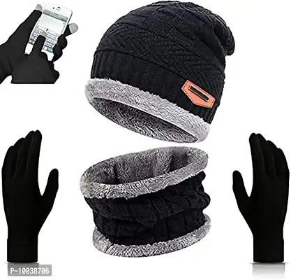 DAVIDSON Winter Knit Beanie Cap Hat Neck Warmer Scarf and Woolen Gloves Set for Men & Women (3 Piece) (C6)