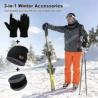 Winter Woolen Cap, Neck Warmer Scarf with Tuch Gloves Set| Beanie Style| 3 Piece Set| Warm Winter Neck Scarf, Tuch Gloves and caps Suitable for Men and Women|Stylish (Black)-thumb1