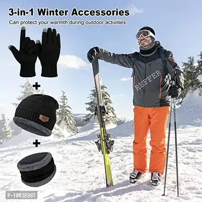 Winter Woolen Cap, Neck Warmer Scarf with Tuch Gloves Set| Beanie Style| 3 Piece Set| Warm Winter Neck Scarf, Tuch Gloves and caps Suitable for Men and Women|Stylish (Black)-thumb2