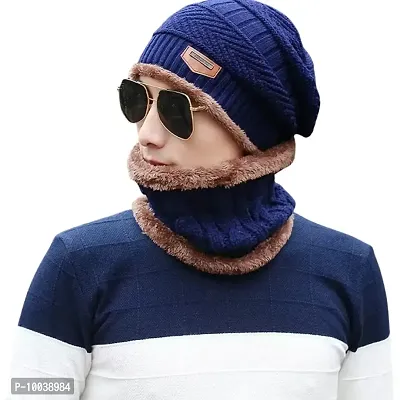 Davidson Men's Woolen Cap with Neck Muffler/Neckwarmer Set of 2 Free Size (Blue)-thumb0
