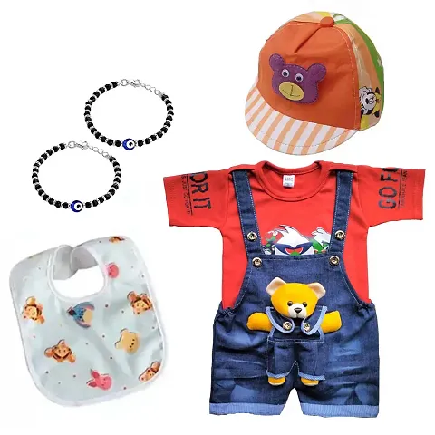 Dungaree Dress with Cap, Evil Eye Kada Baby Bibs