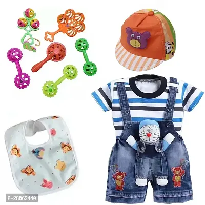 Dungaree Dress with Cap, 5 Rattle Baby Bibs-thumb0