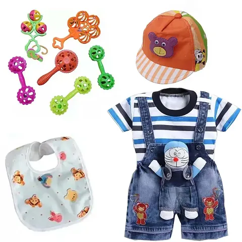 Dungaree Dress with Cap, 5 Rattle Baby Bibs