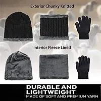 Davidson Latest Stylish Winter Woolen Beanie Cap Scarf (Fur Inside) and Touchscreen Gloves Set for Men and Women Stretch Warm Winter Cap (Black)-thumb1