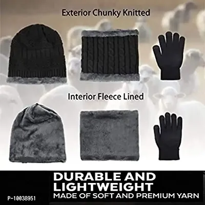 Davidson Latest Stylish Winter Woolen Beanie Cap Scarf (Fur Inside) and Touchscreen Gloves Set for Men and Women Stretch Warm Winter Cap (Black)-thumb2