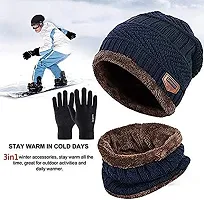 DAVIDSON Men's Wool Beanie Cap, Neck Warmer Scarf And Winter Gloves (Pack Of 3 Pieces) (bbg-99_Blue_Free Size)-thumb1