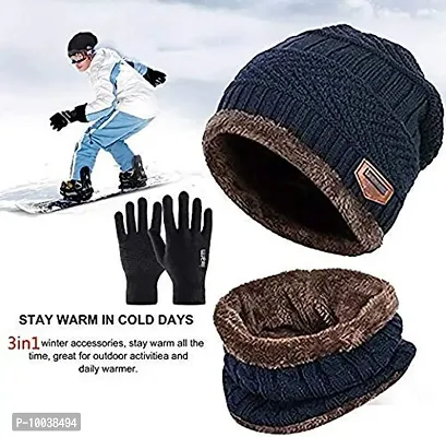 DAVIDSON Men's Wool Beanie Cap, Neck Warmer Scarf And Winter Gloves (Pack Of 3 Pieces) (bbg-99_Blue_Free Size)-thumb2