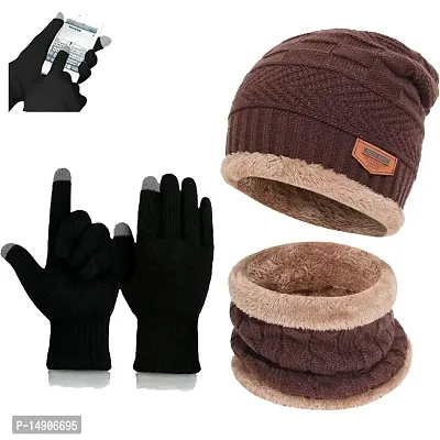 Davidson Wool Winter Cap, Neck Scarf/Neck Warmer with Hand Gloves Touch Screen for Men  Women, Warm Neck and Cap with touch screen glove (Brown)-thumb0