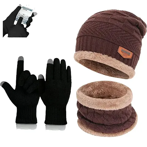 Davidson muffler Winter Cap, Neck Scarf/Neck Warmer with Hand Gloves Touch Screen for Men Women, Warm Neck and Cap with touch screen glove (Brown)