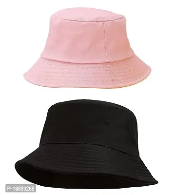 DAVIDSON Pack of 2 Stylish Cotton Pink and White Bucket Cap for Beach Sun Protection for Girls and Women (C2)