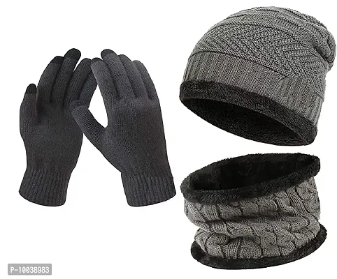Latest Stylish Winter Woolen Beanie Cap Scarf (Fur Inside) and Touchscreen Gloves Set for Men and Women Stretch Warm Winter Cap (Grey)-thumb0