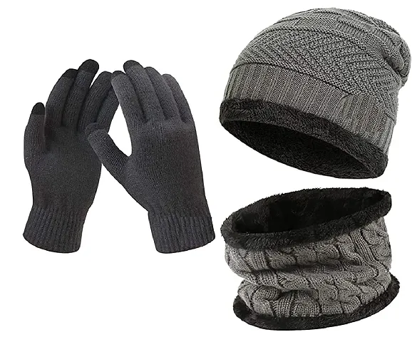 Latest Stylish Winter Woolen Beanie Cap Scarf (Fur Inside) and Touchscreen Gloves Set for Men and Women Stretch Warm Winter Cap