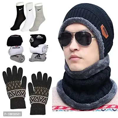 DAVIDSON Winter Knit Beanie Cap Hat Neck Warmer Scarf and Woolen Gloves Set and 3 Pair Socks Skull Cap for Men Women/Winter Cap for Men (Black)-thumb0