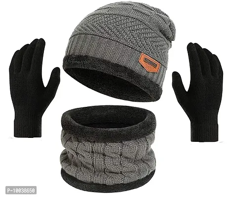 DAVIDSON Men's Wool Beanie Cap, Neck Warmer Scarf And Winter Gloves (Pack Of 3 Pieces) (bbg-99_Grey_Free Size)