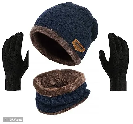 DAVIDSON Men's Wool Beanie Cap, Neck Warmer Scarf And Winter Gloves (Pack Of 3 Pieces) (bbg-99_Blue_Free Size)-thumb0