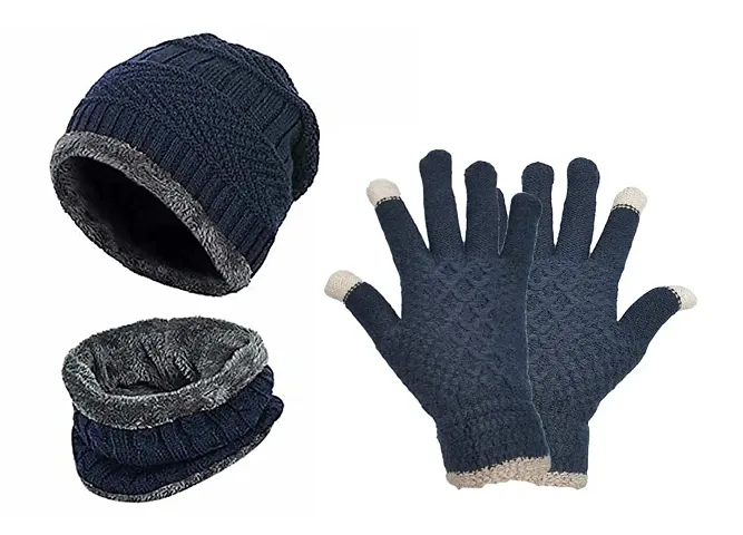 Siberian Clothing Winter Woolen Cap, Neck Warmer Scarf with Tuch Gloves Set| Beanie Style| 3 Piece Set| Warm Winter Neck Scarf, Tuch Gloves and caps Suitable for Men and Women|Stylish
