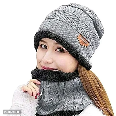DAVIDSON 2 Pcs - Cap and Scarf - Imported Soft Warm Snow and Air Proof Fleece Knitted Cap (Inside Fur) Woolen Beanie Winter Cap with Scarf for Women Girl Ladies (C5)