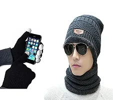 Davidson Latest Stylish Winter Woolen Beanie Cap Scarf (Fur Inside) and Touchscreen Gloves Set for Men and Women Stretch Warm Winter Cap (Grey)-thumb4