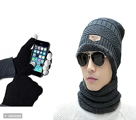 Davidson Latest Stylish Winter Woolen Beanie Cap Scarf (Fur Inside) and Touchscreen Gloves Set for Men and Women Stretch Warm Winter Cap (Grey)-thumb5