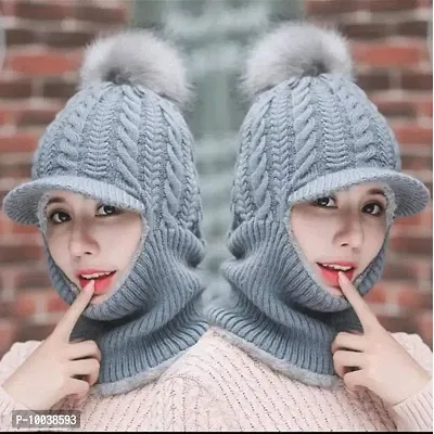 Winter Soft Warm 1 Set Snow Proof Ball Cap (Inside Fur) Woolen Beanie Cap With Scarf for Women Girl Ladies- (Grey)
