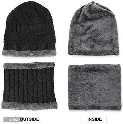 Davidson Men's Woolen Cap with Neck Muffler/Neckwarmer Set of 2 Free Size for Men Women (Black)-thumb2