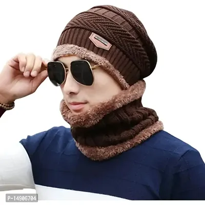 Davidson Men's Woolen Cap with Neck Muffler/Neckwarmer Set of 2 Free Size (Brown)